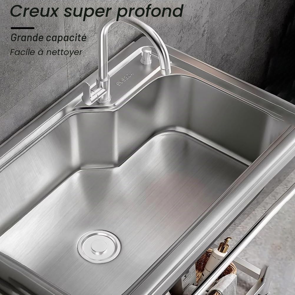 Plonge INOX 1 Bac Professionnel Évier De Cuisine sur Pied Commercial avec Robinet d'eau Chaude Et Froide, Étagère De Rangement 1.0mm Évier Utilitaire pour Buanderie,Garage,50 * 37 * 75cm