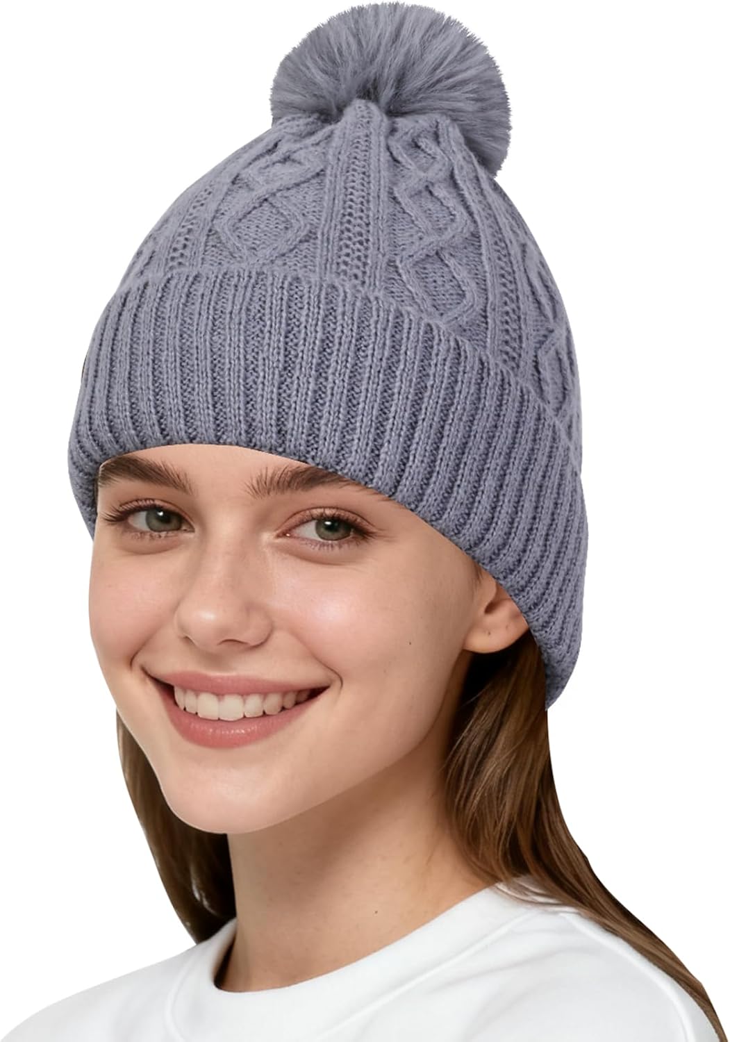 Winter Beanie with Pom Pom Cable Knit Beanie Hats for Women Warm Fleece Lined Knit Skull Cap Snow Hat for Girl