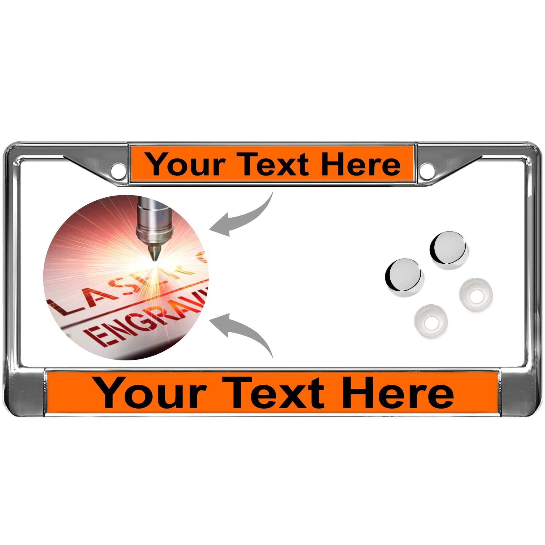 Custom Chrome Metal Standard Car License Plate Frame - Orange/Black Text