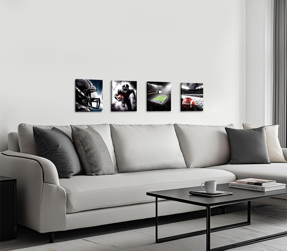 Framed American Football Sport Canvas Wall Art,American Football Prints, Set of 4 (8"X10") Rugby Art Poster, Black White Gym Artwork Prints for Bedroom Man Cave Boy's Bedroom Decor