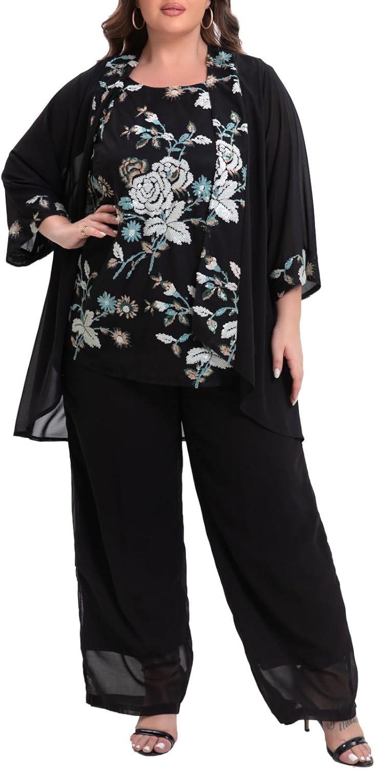 Women's Plus Size Wedding Pant Suits 3 Piece Chiffon Party Outfit for Mother of The Groom Bride Evening Gowns - Image 3