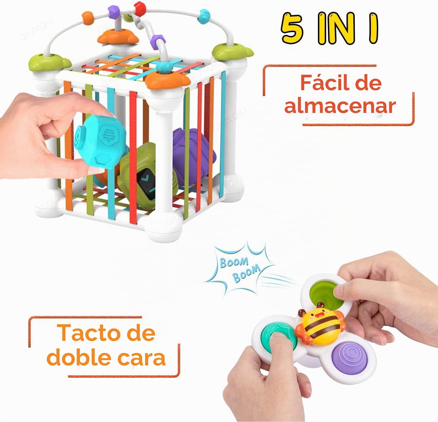 Montessori Juguetes para Bebés (12 Piezas), Cubos de Habilidades Motoras, Juegos Educativos Juguetes para Niños Juego de Clasificación de Formas, con 3 Trompos y 6 Formas Multisensoriales