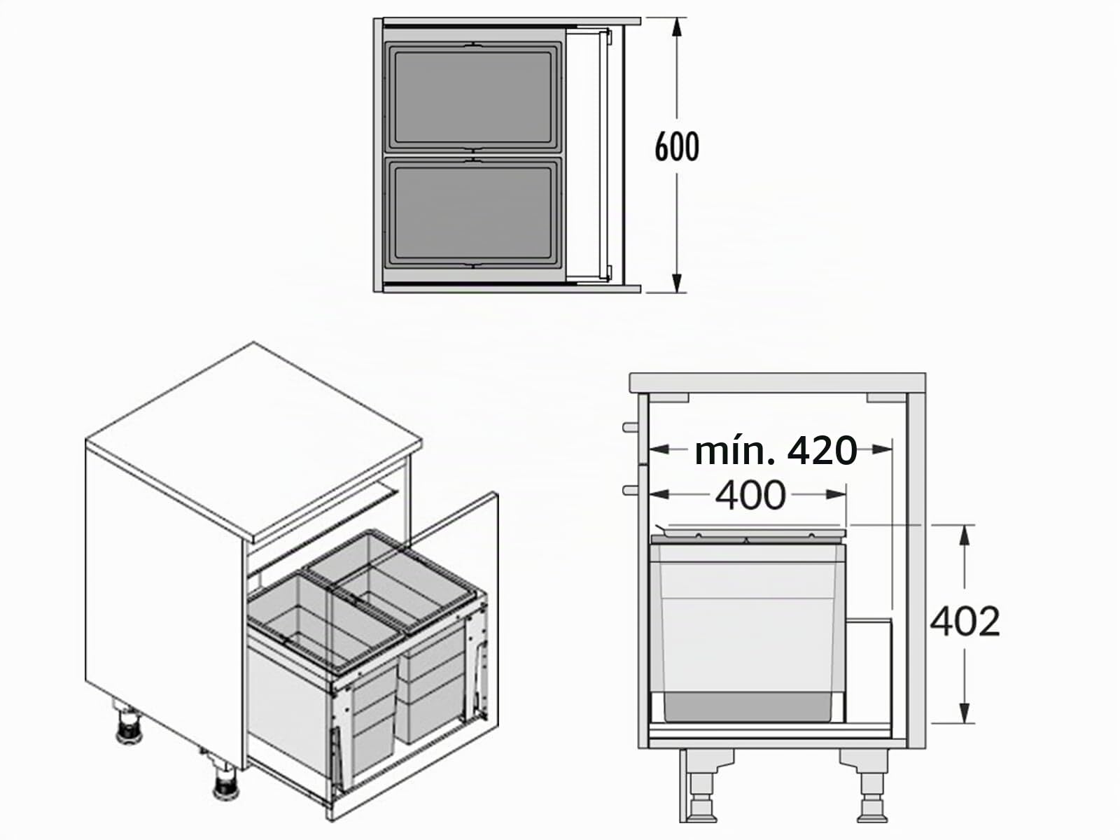Hailo Cubo de basura 3631681 | 2 separaciones en cada uno de 28 litros | Cubo de basura para armarios de 60 con apertura frontal, color gris oscuro