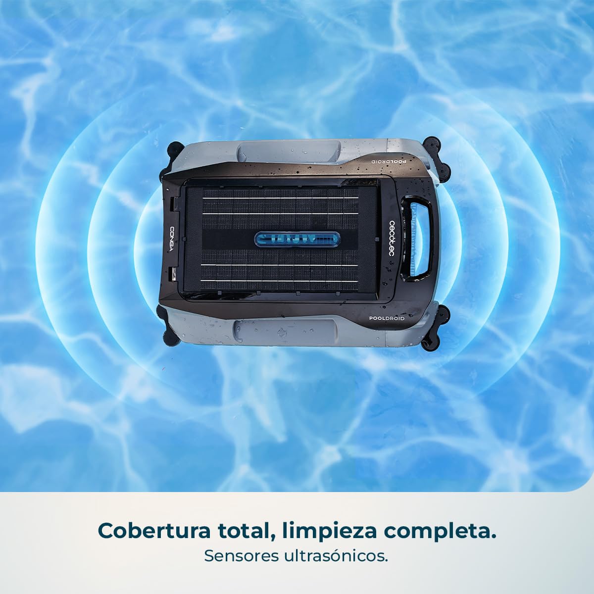 Cecotec Robot Limpiapiscinas para Superficie y Línea de Flotación Conga Pooldroid AquaSkater. Carga Solar, Autonomía 16h, Cesta de 4,5L y un Filtro de 187,5μm, Navegación Sensores Ultrasónicos