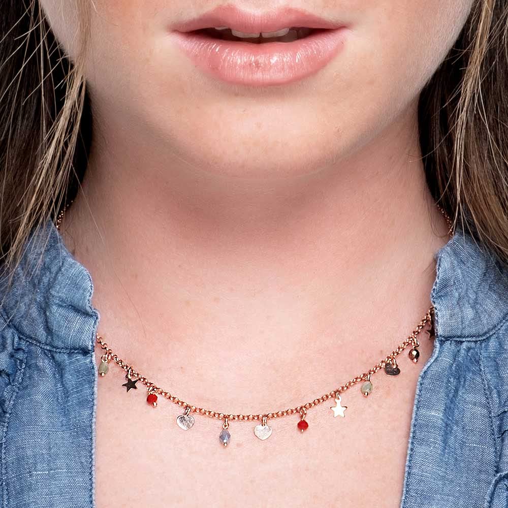 Linea Italia Gioielli - Collana Girocollo per Donna in Argento 925 Placcato Rosa con Perline Colorate, Cuori e Stelle - Made In Italy