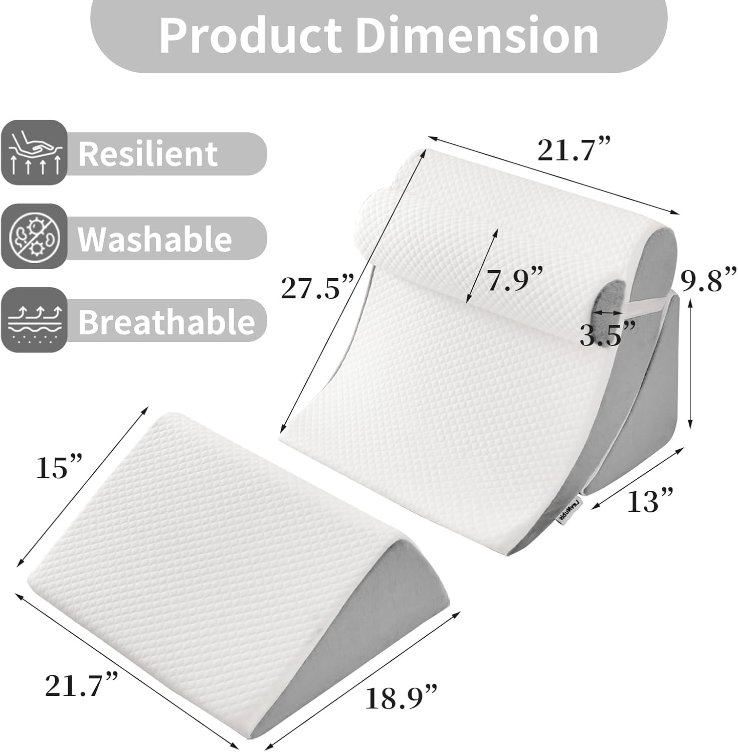 4pcs orthopedic bed wedge pillow set for post surgery & pain relief,adjustable wedge pillow for back,sitting up in bed,recovery,acid reflux,snoring,body pillow for sleeping (white/light grey)