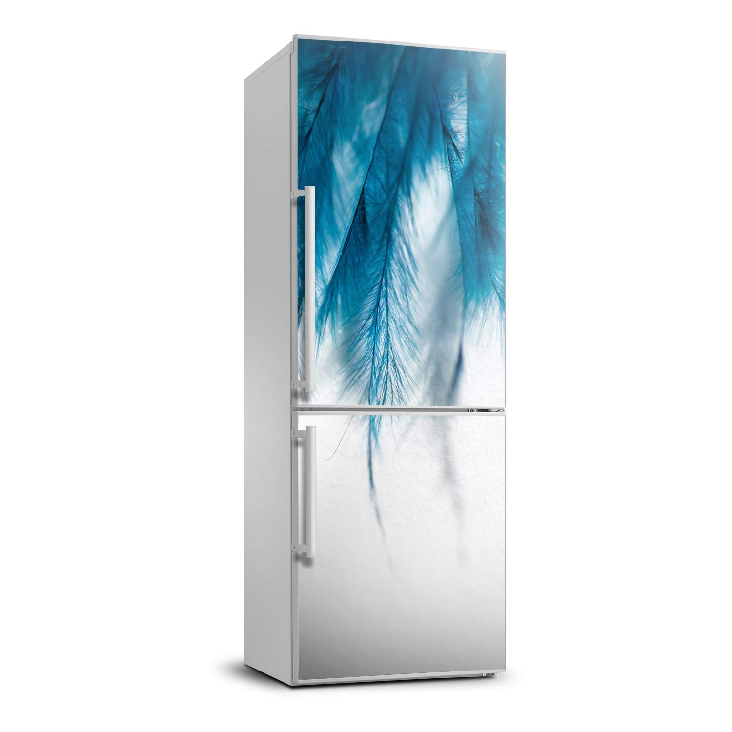 Autocollant frigo plumes bleues pour une décoration de cuisine moderne et épurée