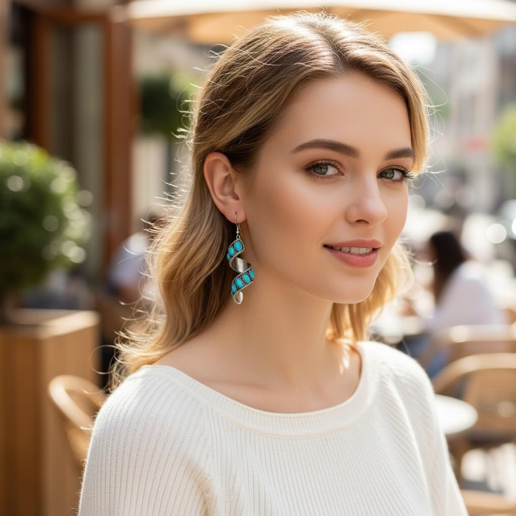 Boho Turquoise Spiral Dangle Earrings For Women，Handmade Spiral pendant Silver Earrings with Turquoise for Daily Wear - Image 7
