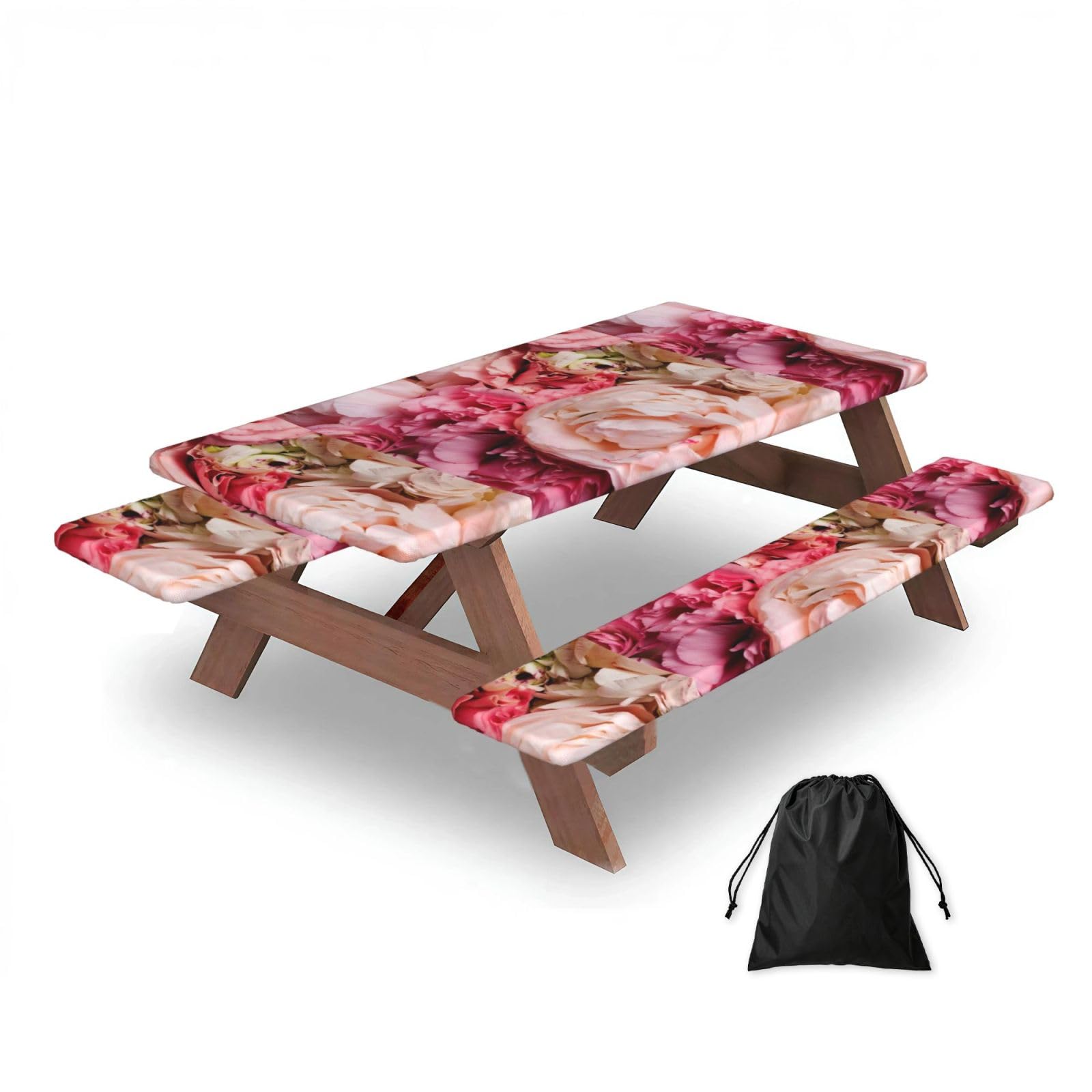 Dopklna As Picture Peony, Picnic Table Cover With Bench Covers -Waterproof Elastic Fitted Tablecloth For Garden Camping Patio 76X152cm