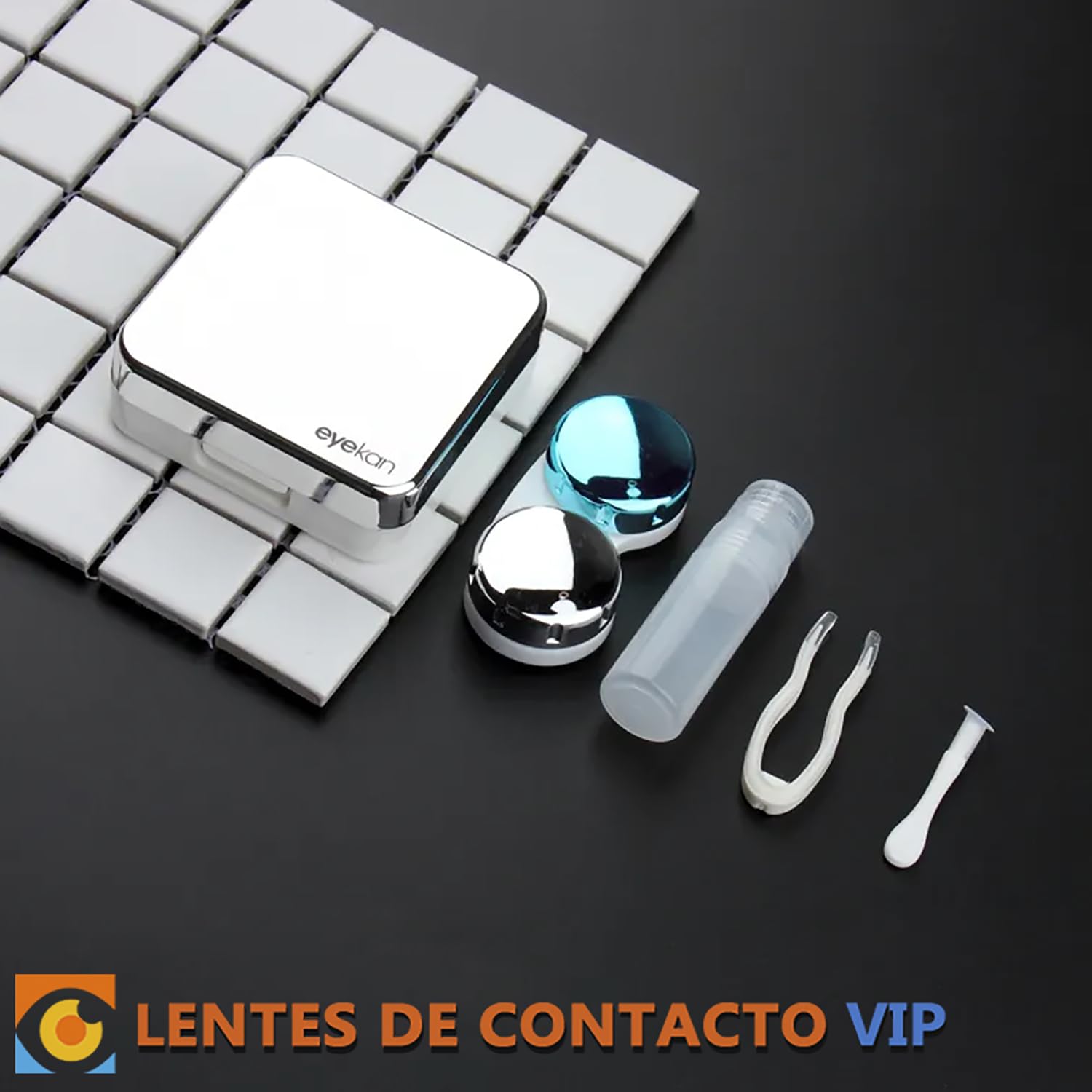 Estuche para Lentes de Contacto Color Brillante Set de Viaje con Espejo, portalentillas, Pinza, aplicador y Mini Botella portalíquido (Plateado)