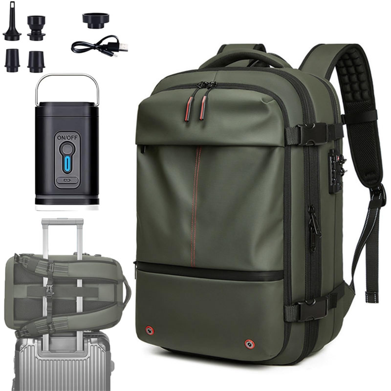Sac à Dos Extensible Vacpack de Voyage, Étanche et Antivol, 60 L Avec Compression Sous Vide (Vert, Avec Pompe à Air)
