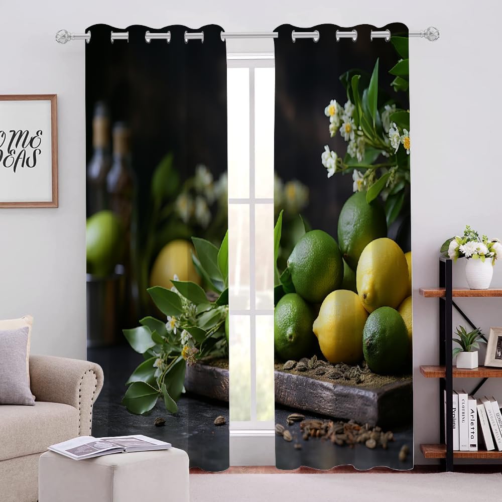 Farmhouse Green Lemon Blackout Decor Curtains 2 Panels 84" L x 54" W Fruit Flower Plant Window Treatment Set Grommet Heat Insulation Noise Reduction Drapes for Living Room/Bedroom