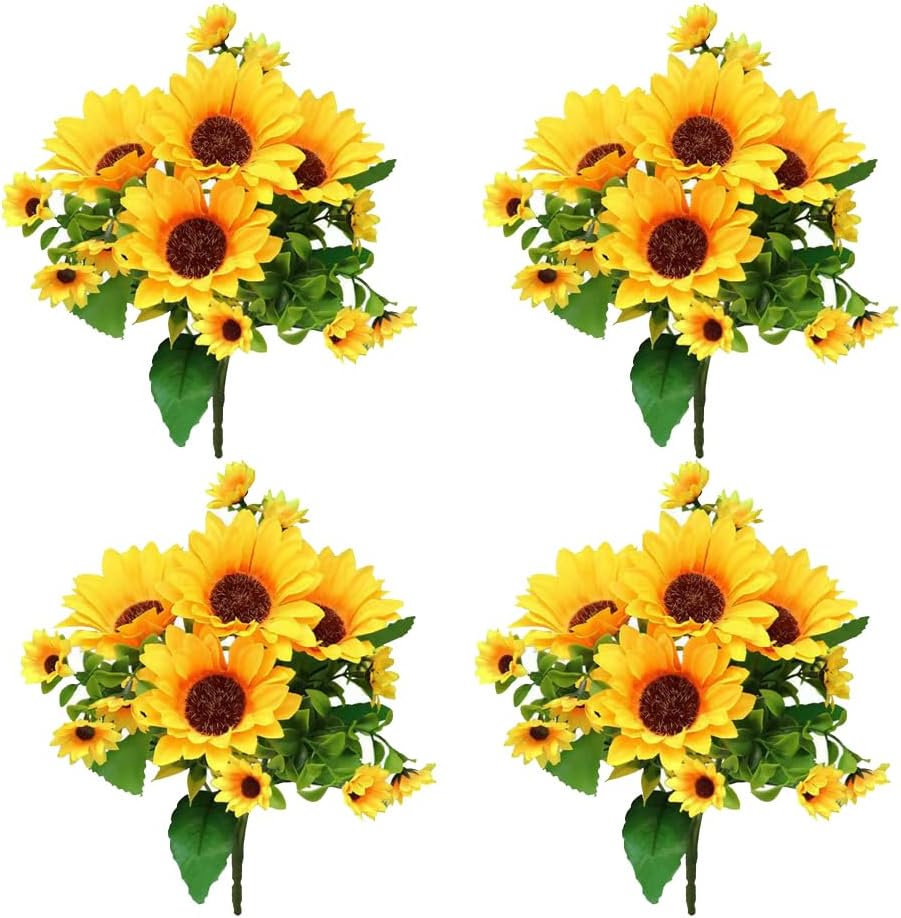 4 Bunches Artificial Sunflower Bouquet, Fake Silk Sunflower Flowers, Realistic Silk Sunflowers for Home Hotel DIY Craft Wedding Party Decoration Indoor and Outdoor Decor