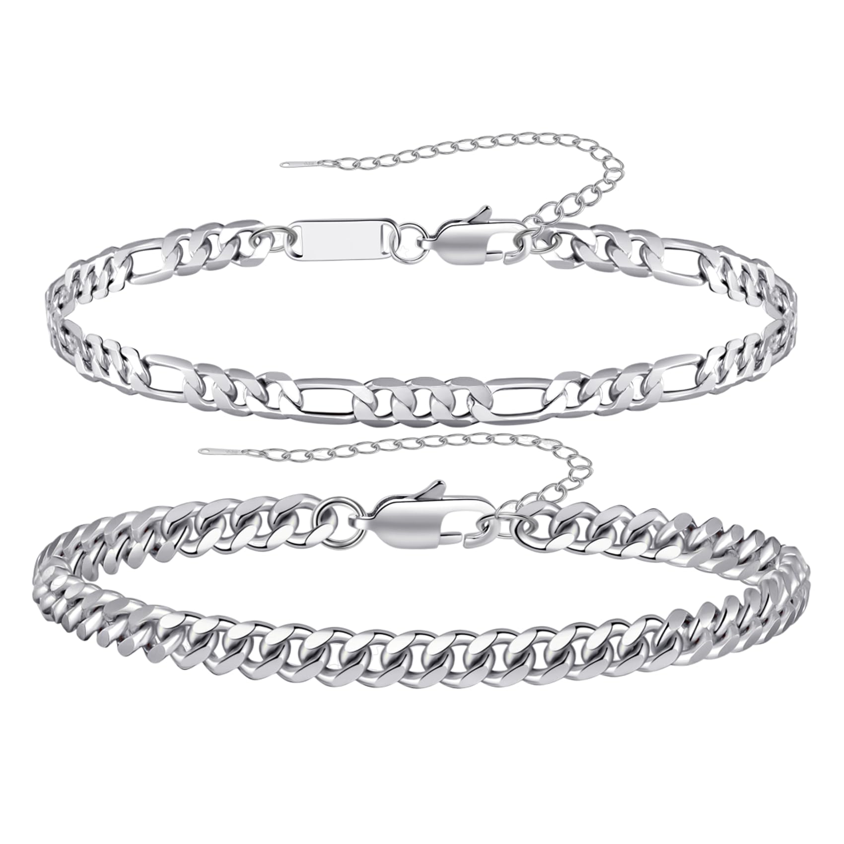 RANKEEF2 Pcs Chain Bracelet for Men - 925 Sterling Silver Bracelet for Men 7-9inch Figaro Rope Cuban Link Bracelet Set for Men Gifts to Men Dad Husband Boyfriend