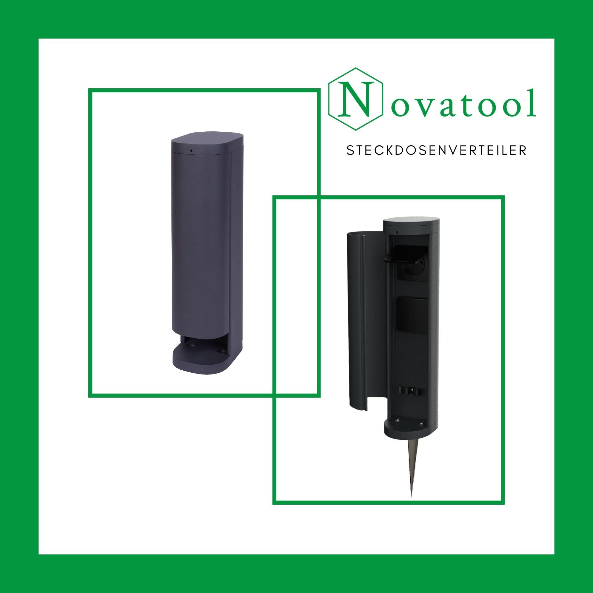 Novatool 2x Steckdosenturm 2-fach außen Anthrazit rund mit Blende IP44 mit Erdspieß Steckdose Aussen Gartensteckdose Outdoor Steckdosesäule Garten Steckdosenturm