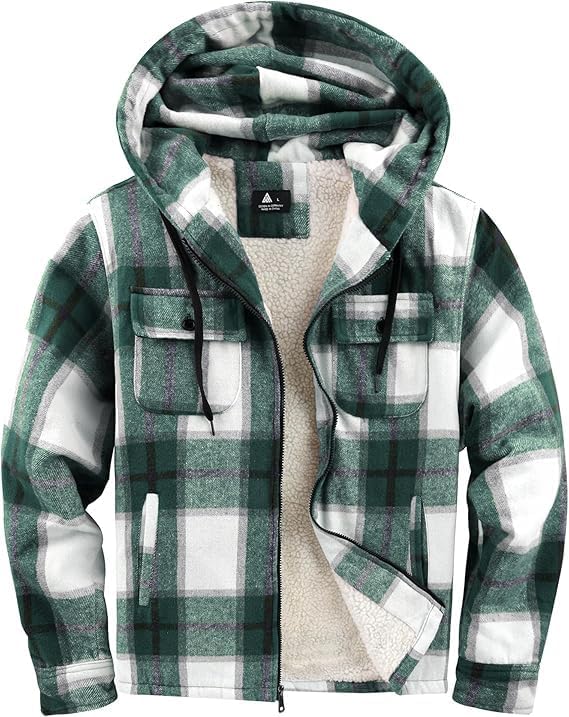 SECOOD Mens Flannel Sherpa Lined Jacket with Hood Plaid Shirts Jackets Zip Up Long Sleeve Sweatshirt Winter Coat for Men