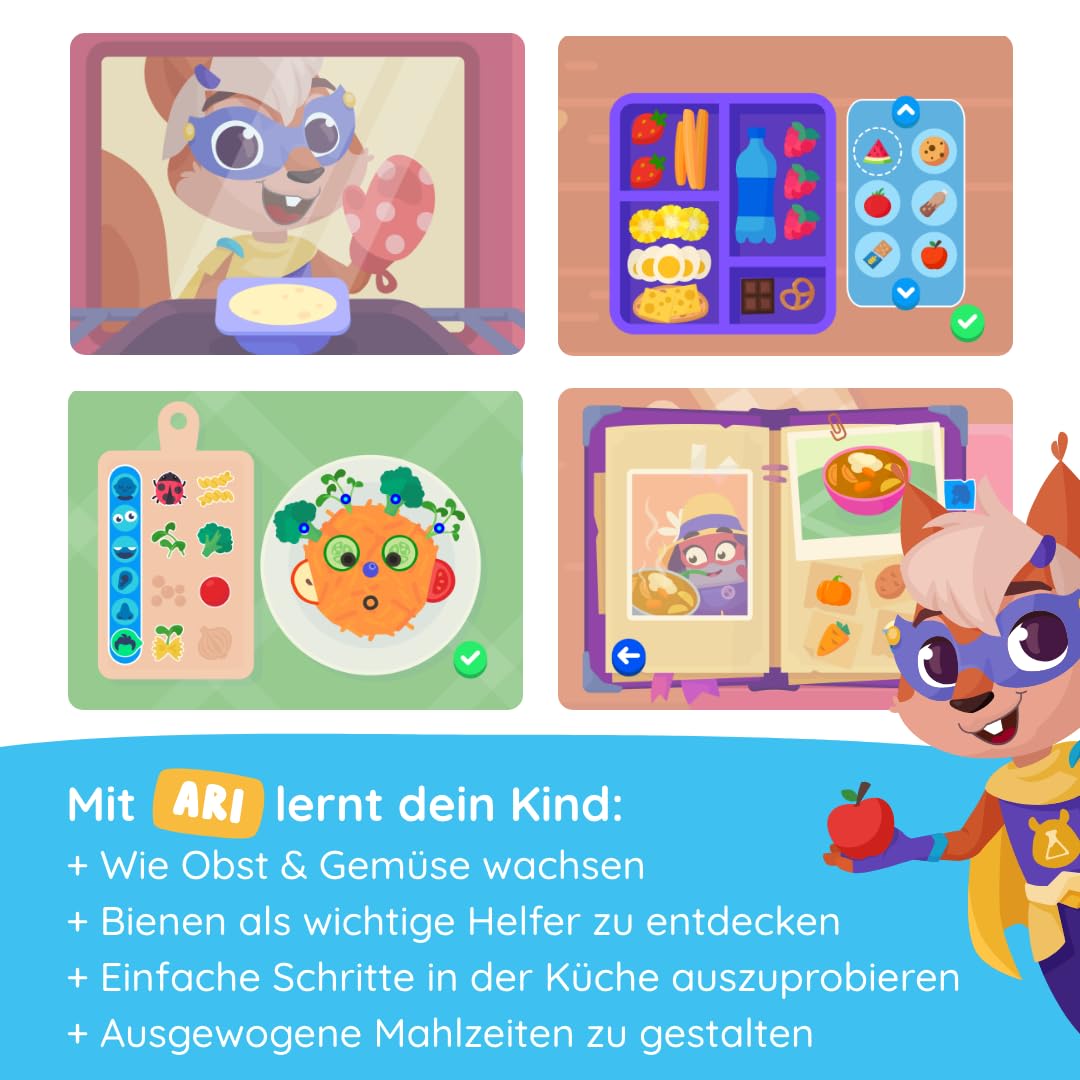 Edurino Figur Ari Gesunde Ernährung ab 4 Jahren inkl. App | Innovatives & digitales Lernspiel | Lebensmittel anbauen | Küchenfertigkeiten üben | Gesunde Gewohnheiten kennenlernen