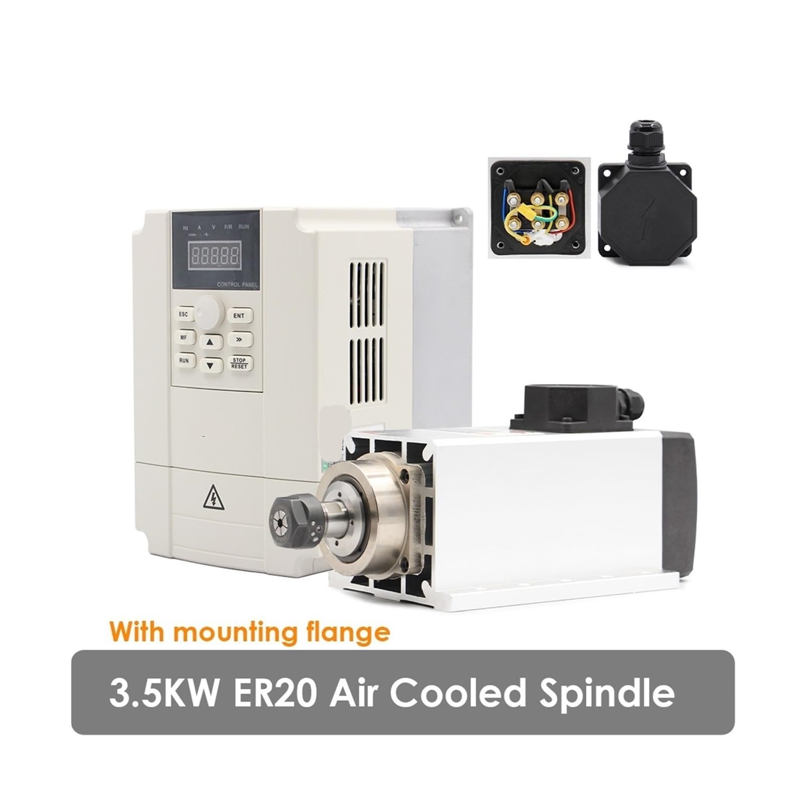 KACOME Air-Cooled Spindle Motor 3.5KW ER20 4-Bearing 220v/380v 0.01mm Precision with Flange and 4.0KW Inverter(380V)