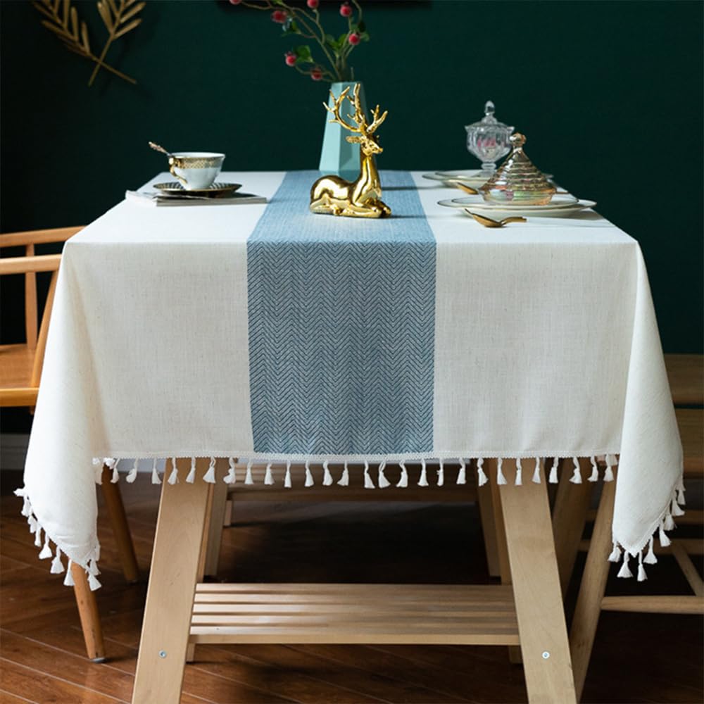 Mantel Mesa Rectangular Antimanchas Lino Algodon con Flecos Moderno Elegante Lavable para Comedor Cocina Uso Diario (Blanco,140x300cm)