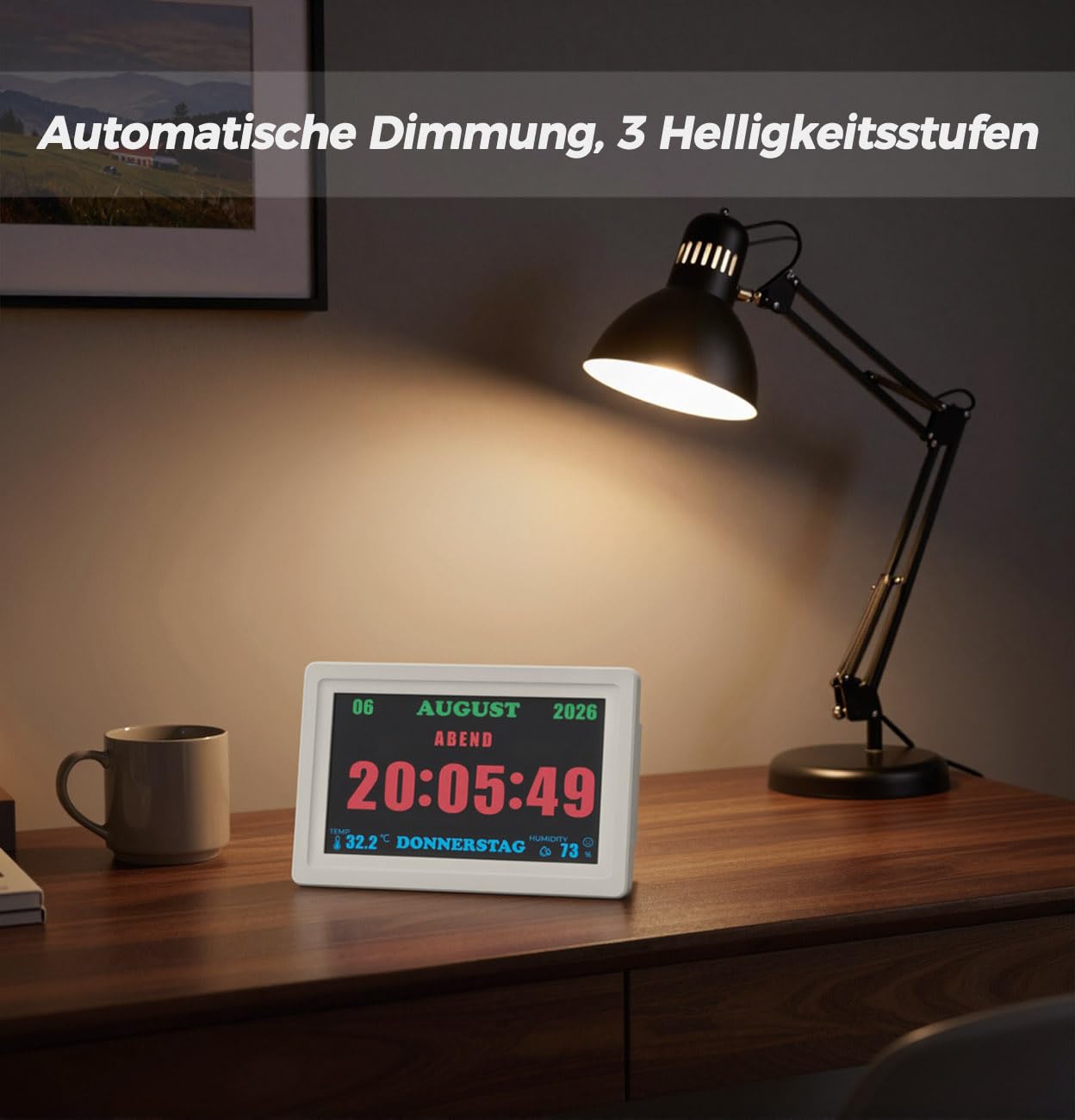 7'' Digitale Demenz-Uhr für Senioren - Große Schriftanzeige mit Uhrzeit, Datum, Wochentag, Temperatur, 5 Alarmen & 10 Erinnerungen, Automatische Dimmung, Weiß