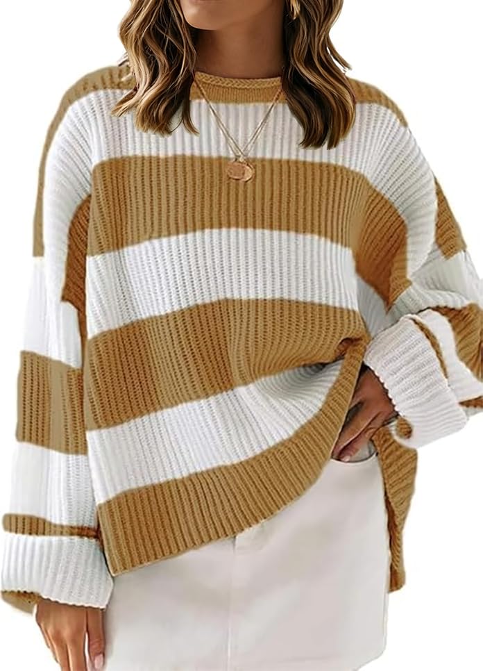Image of Women's Striped Knitted Pullover Crew Neck Fall Winter Sweater Long Sleeve Color Block Jumper