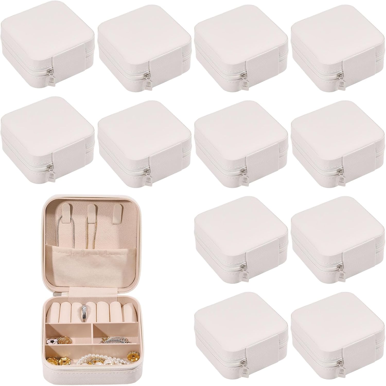 GLOBLELAND 12 Pack Bulk Travel Jewelry Case Square Imitation Leather with Velvet Jewelry Storage Zipper Cases Bridesmaid Gifts for Women Gift Bracelets Necklaces Bracelets Earrings 3.9"x3.86"x1.97"