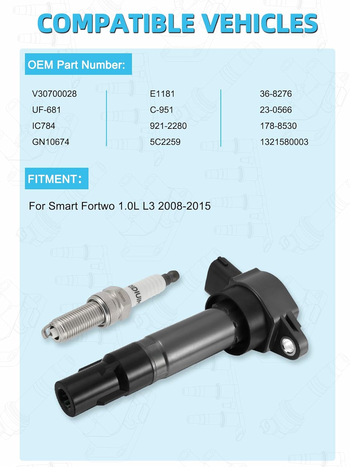 Set of 3 UF681 Ignition Coil Pack & Iridium Spark Plugs For Smart Fortwo 1.0L L3 2008-2015,Replace # 36-8276 GN10674 ICA64178 ICA64270