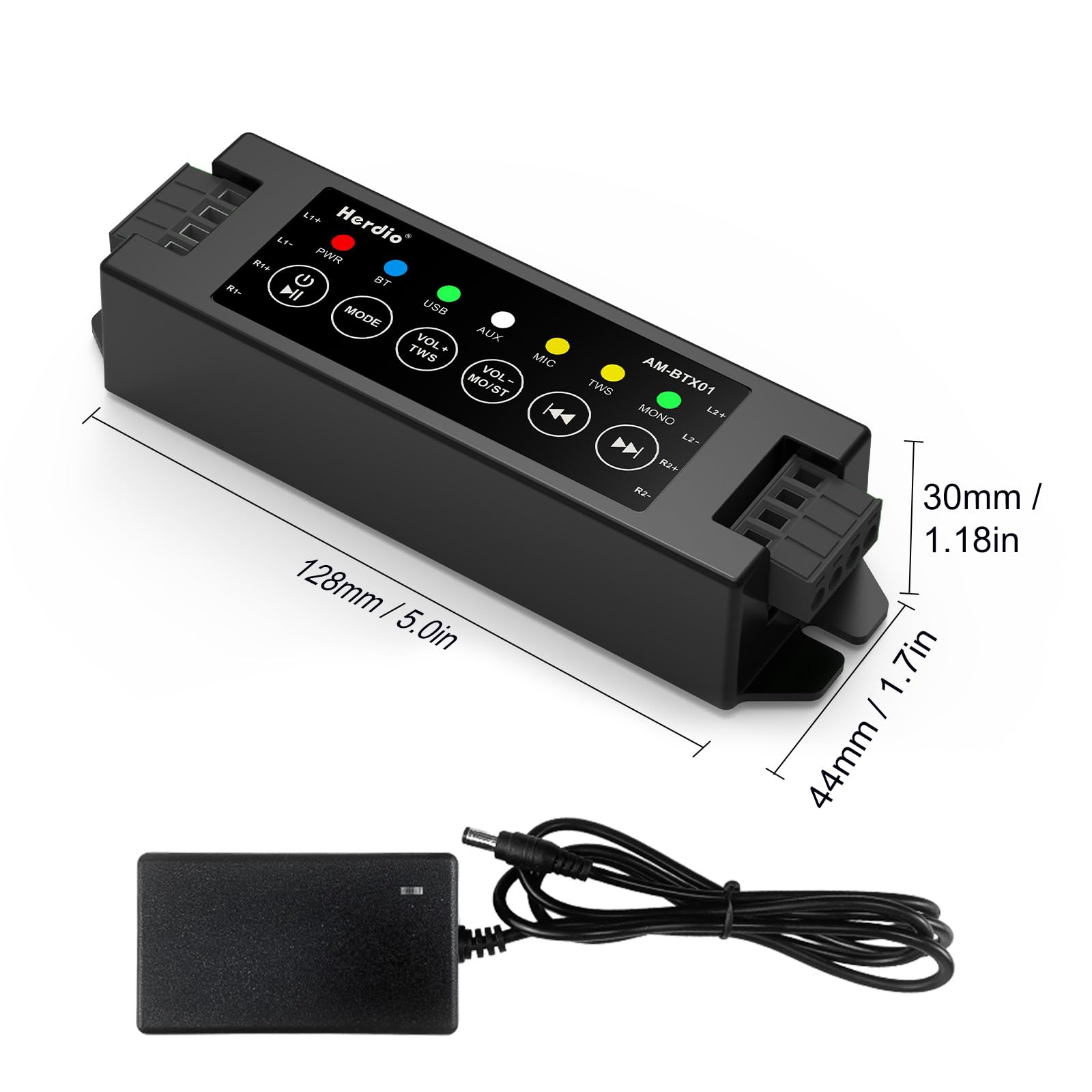 Herdio 4-kanałowy wzmacniacz Bluetooth 5,0 A, odbiornik 200 W, moc wyjściowa z zasilaczem AC-DC 19 V 3 A, montaż na ścianie, USB/MIC/AUX/TWS, do domu/garażu/sufitu/pasywnych głośników (40 W każdy
