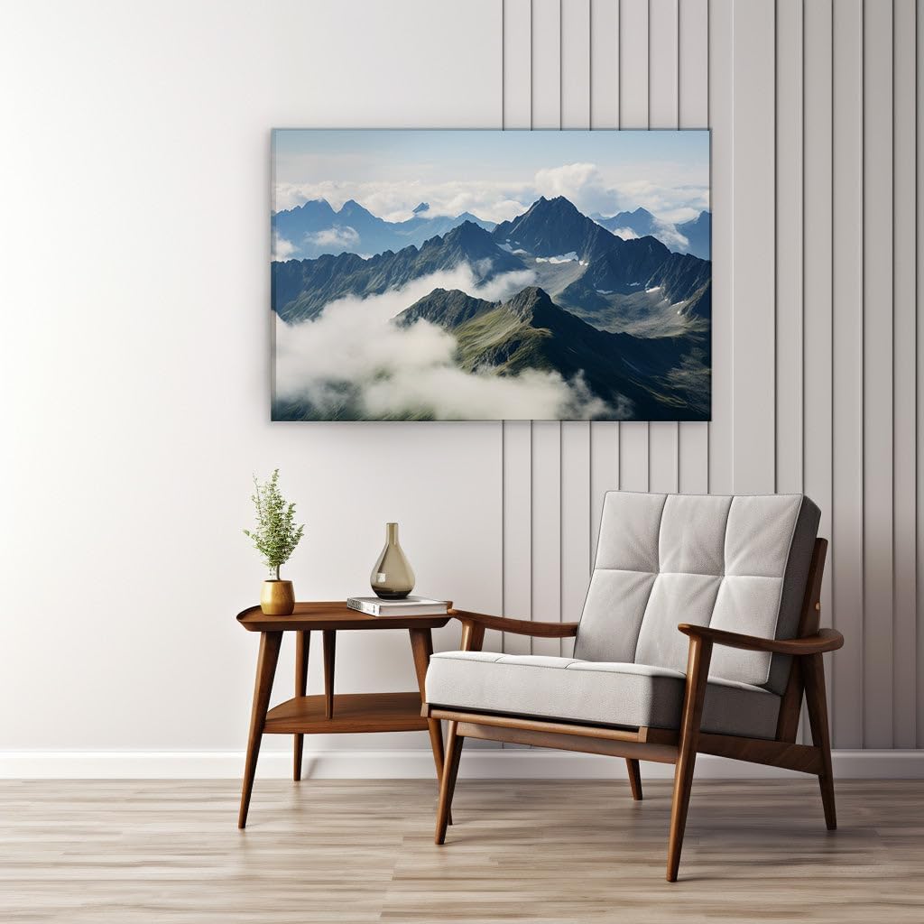 Canvas for Living room. Majestic Peaks Rising Through the Mist: A Journey to Serene Heights, 27 x 18 inch Canvas Wall Art - Modern Home Decor