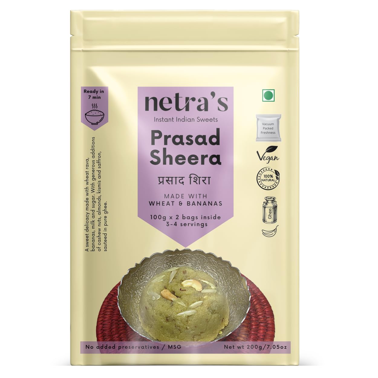 Netra's Instant Prasad Sheera - 200g (Pack of 1) | 4 Servings | Preservative-Free | 100% Natural Quick Meals | Perfect for Pooja, Satyanarayan Prasad, Festivals & Special Occasions