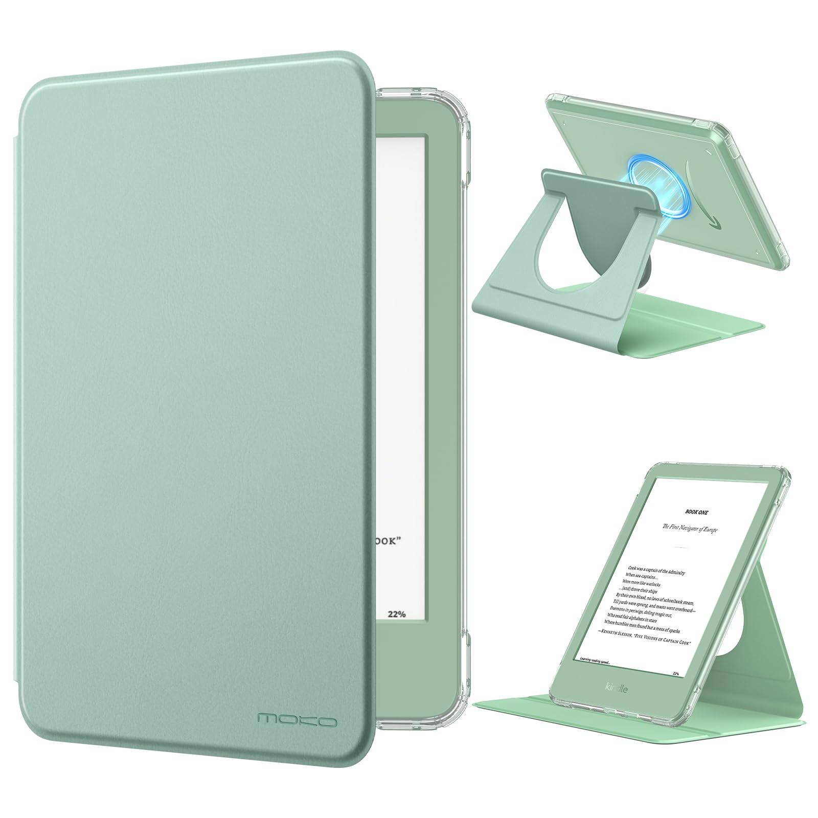 MoKo 360° Rotating Case for 6" All-New Kindle (11th Generation-2024/2022 Release), Clear Back Detachable Magnetic Protective Adjustable Stand Cover with Auto Wake/Sleep, Agave Green