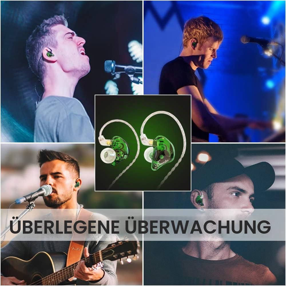 BASN Bmaster In-Ear-Kopfhörer, dreifache Treiber, Geräuschisolierung, kabelgebundene Kopfhörer mit zwei abnehmbaren MMCX-Kabeln, für Musiker, Schlagzeuger, Sänger, Bühne, Grün