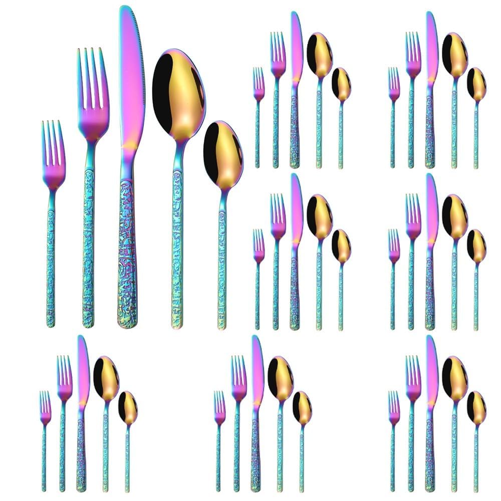 Poignée En Relief Motif Pierre Cuisine Acier Inoxydable Argenterie Vaisselle Couverts Ensemble De Couverts Couteau À Steak Fourchette Cuillère Cuillère À Café (Multicolore,40 pièces)