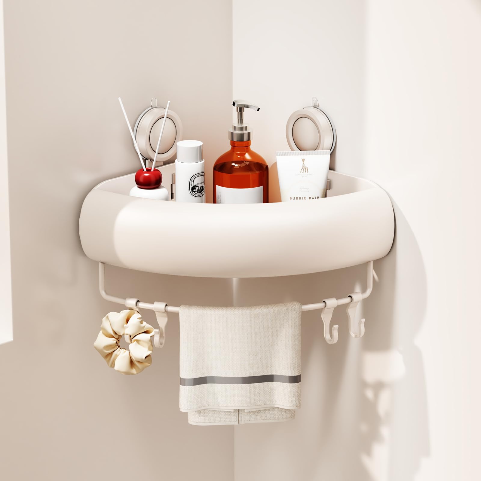 Voldra Corner Shower Caddy Suction Cup, Arc Shower Shelf Coner No Drilling Bathroom Coner Shelves Suction Shower Organiser Rack Adhesive Corner Caddy with Towel Bar Wall Mounted(1-Pack, White)