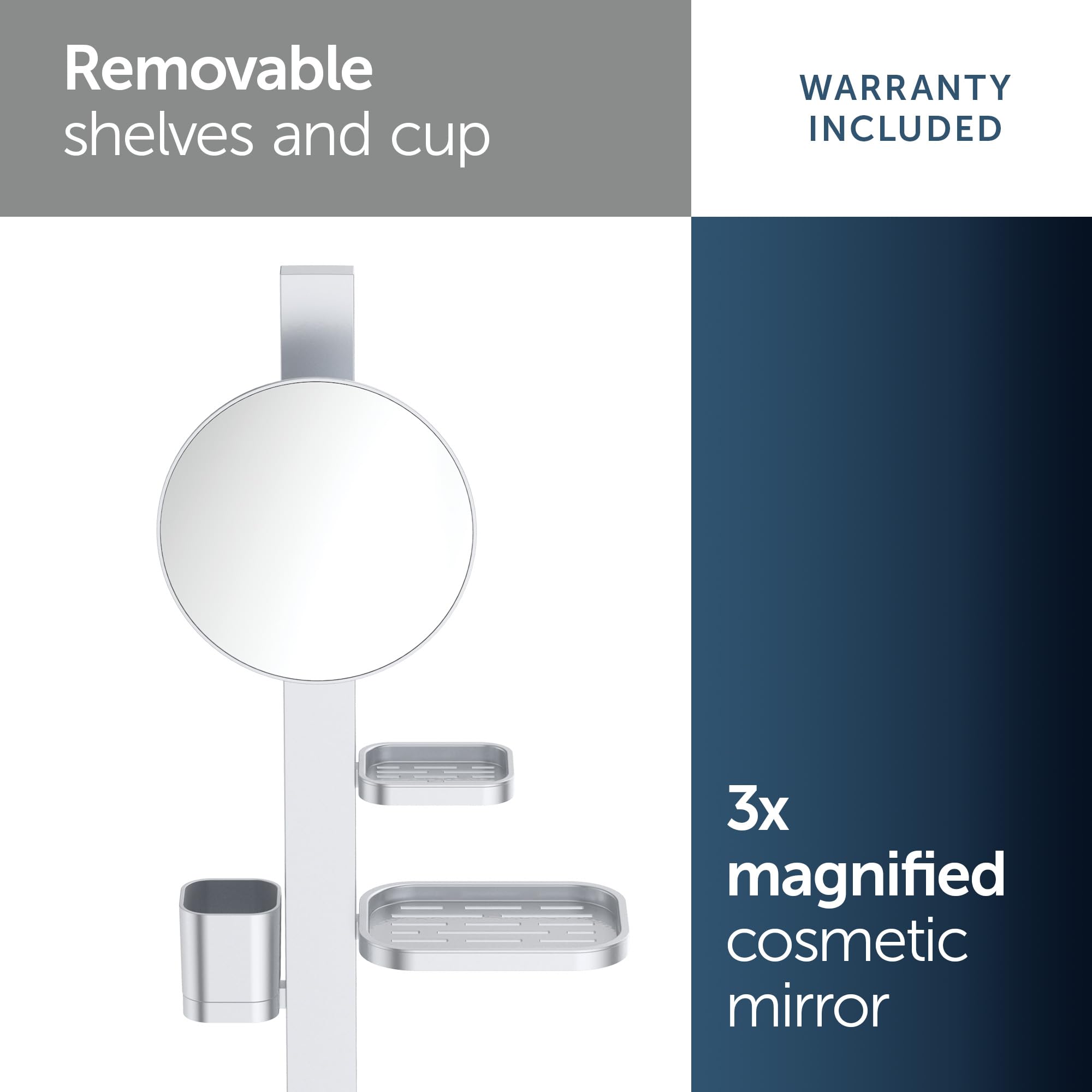 Ideal Standard Alu+ Beauty Bar, Accessoires-Kombination S, mit Ø 205 mm Kosmetikspiegel (3-Fach Vergrößerung) und verstellbaren Ablagen, aus 100% recyceltem Aluminium – Silber (310.5x160x717 mm)