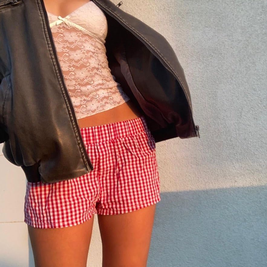 Image of Y2k Plaid Shorts Cute Baggy Ginghem Boxer Shorts for Women Checked Lounge Pajama Bottom Preppy Sleep Pj Shorts