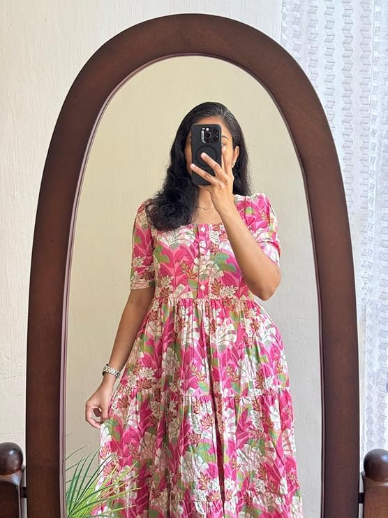 Image of Women's Pure Cotton Maxi Midi Dress Western Dress for Women Elegant Floral Printed Long Dresses | Soft & Breathable Fabric | Casual Trending Dress for Women