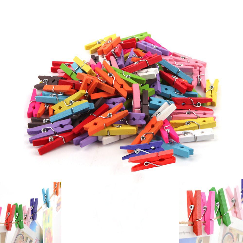 100 Pcs 1.4" Mini Colorful Natural Wooden Photo Paper Holder Peg Pin Clothespin Craft Clips, Assorted Colors
