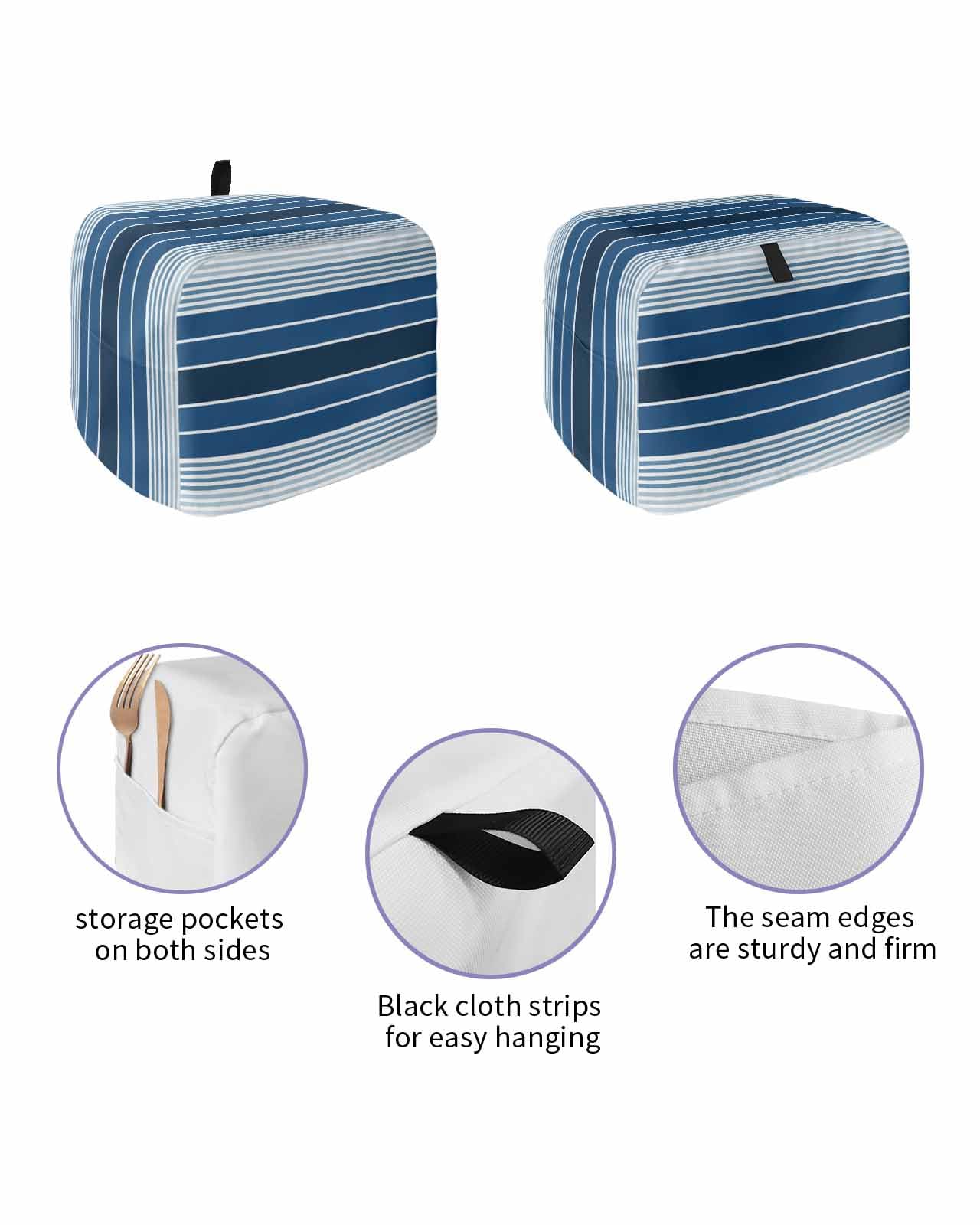Navy Blue Ombre Stripe Toaster Cover 2 Slice, Farmhouse Striped Gradient Dustproof Bread Machine Oven Cover with Storage Pockets, Fits Most Kitchen Toasters Protector