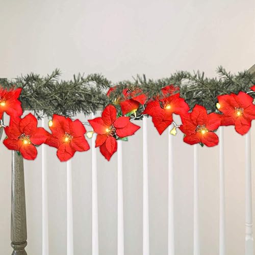 Miniatura 7 de Guirnalda iluminada de flores de Pascua con 10 flores de Pascua rojas y luces LED, 90 pulgadas de largo, decoraciones de Navidad, accesorios