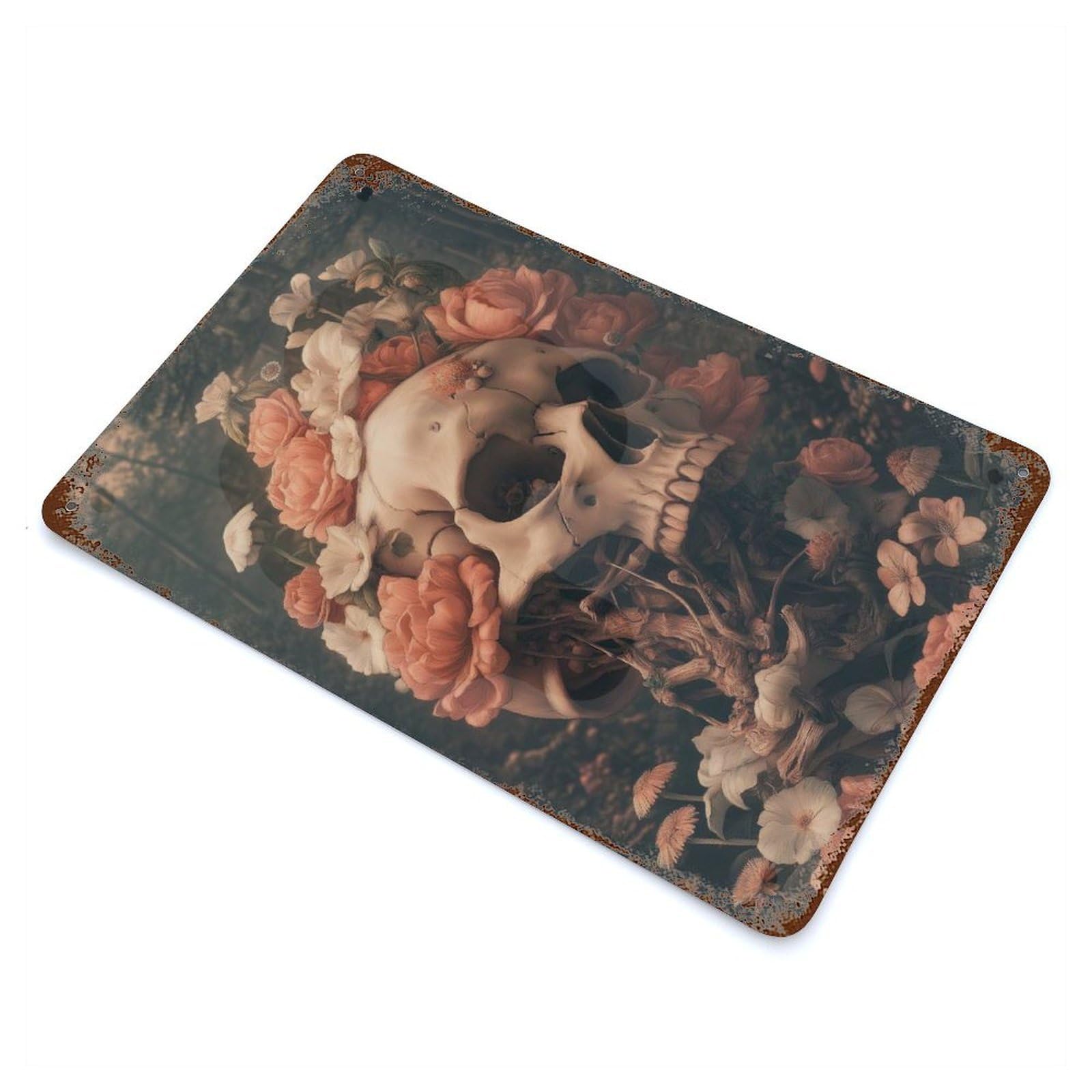 Floral Skull Rusty Metal Tin Sign 11.8"x7.9", for Shed, Workshop And Garage Wall Decor, Novelty Wall Decor