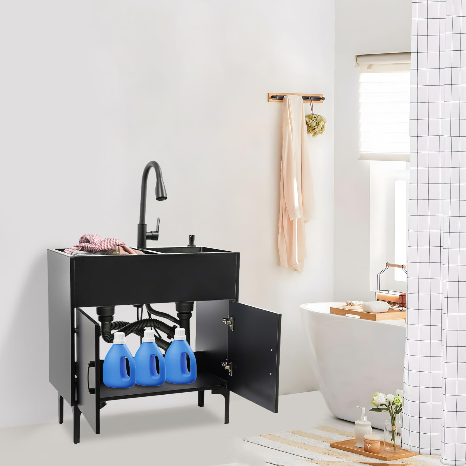 Armario de cocina negro de 75 x 41 cm con doble lavabo y grifo extraíble, fregadero de cocina independiente con escurridor y sifón, juego completo para cocina, cuarto de lavado, color negro