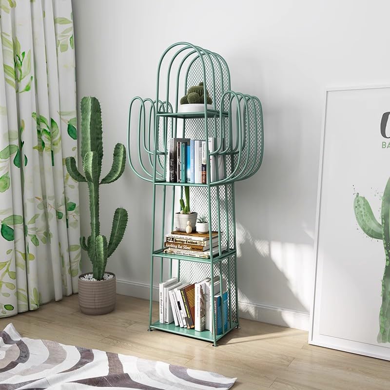 4-Tier Freestanding Ladder Bookshelf, Iron Cactus Bookcase Storage Organizer, Green Ladder Corner Bookcase for Living Room, Bedroom