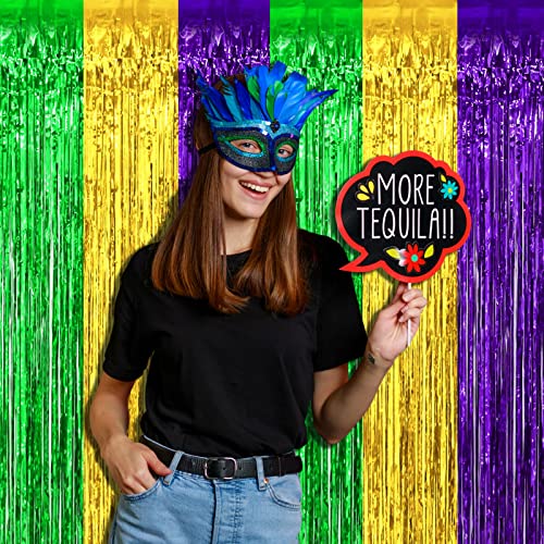Image of 4 Pack Mardi Gras Foil Fringe Curtain Backdrop, 3.28Ft x 8.2Ft Gold Green Purple Metallic Tinsel Foil Fringe Streamers Curtains for Photo Booth, Wedding, Birthday, Carnival Party Decoration
