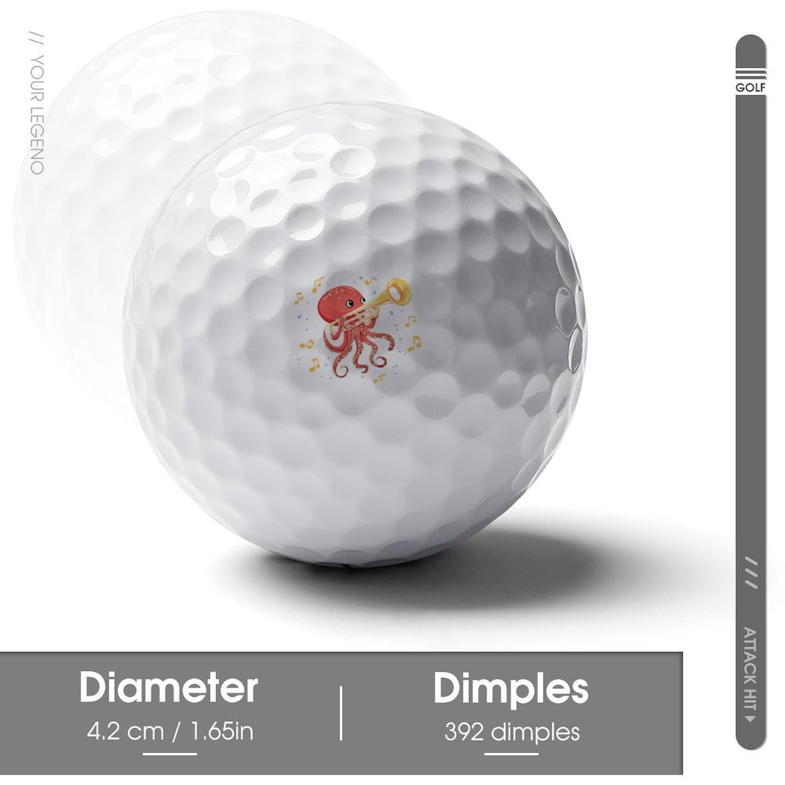 Octopus Playing Trombone Custom Golf Ball Soft Practice Golf Balls Performance Distance and Speed for Indoor Outdoor