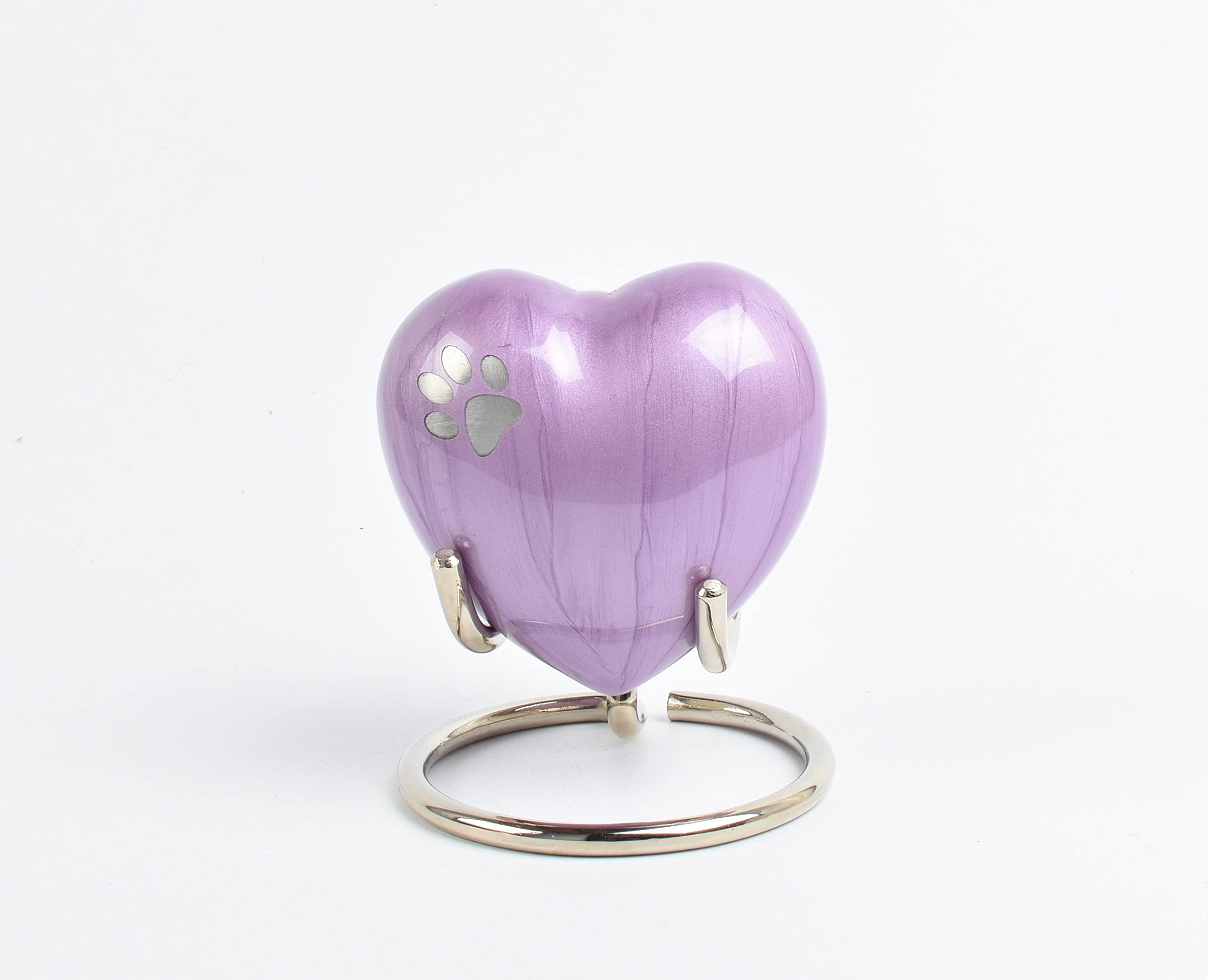 Mini Heart Pet Cremation Keepsake Urn with Paw Print – Aluminium Token Ashes Holder for Dog & Cat Remembrance, 3-Inch Mini Urn with Silver Stand & Velvet Box (Purple) — image 1