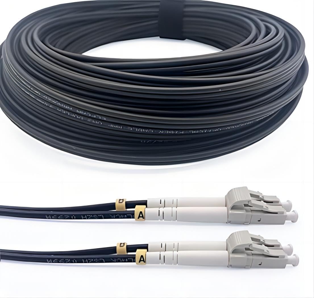 Elfcam® - 100m/328ft Outdoor and Indoor Shielded Armored Fiber Optic Cable LC/UPC to LC/UPC OM3 Multimode Duplex 50/125μm LSZH, Black (100M)