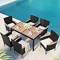 Quarte 7 Piece Outdoor Patio Dining Set, PE Rattan Wicker Dining Table and Chairs Set with Acacia Wood Tabletop and Stackable Armrest Chairs/Water-Proof Cushions