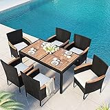 Modern 7-Piece Outdoor Patio Dining Set with PE Rattan Wicker Dining Table and Chairs.Acacia Wood Tabletop, Stackable Armrest Chairs with Cushions
