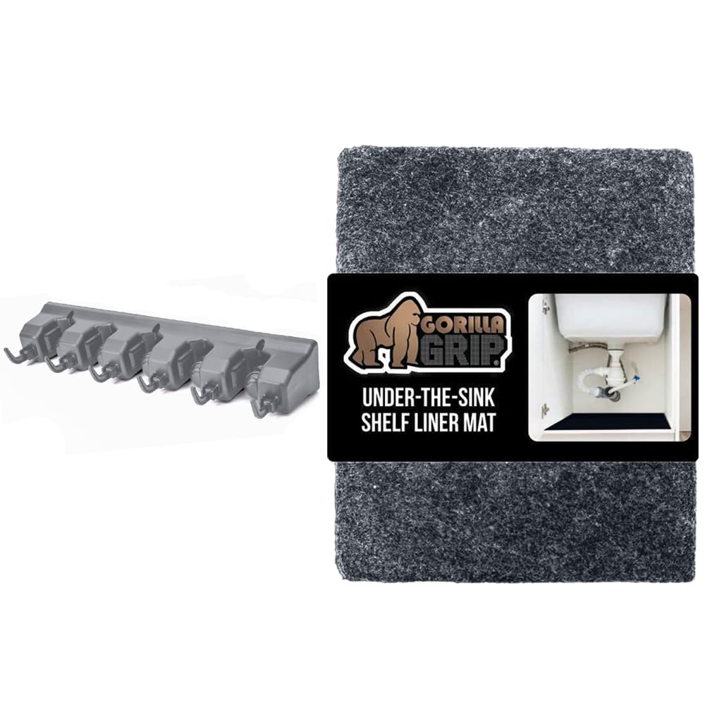 Gorilla GripMop and Broom Holder and Under Sink Mat Liner, Broom Holder 5 Slot 6 Hooks Easy Install, Absorbent Mats in Size 24x24 Inch Machine Washable, 2 Item Bundle, Both in Gray